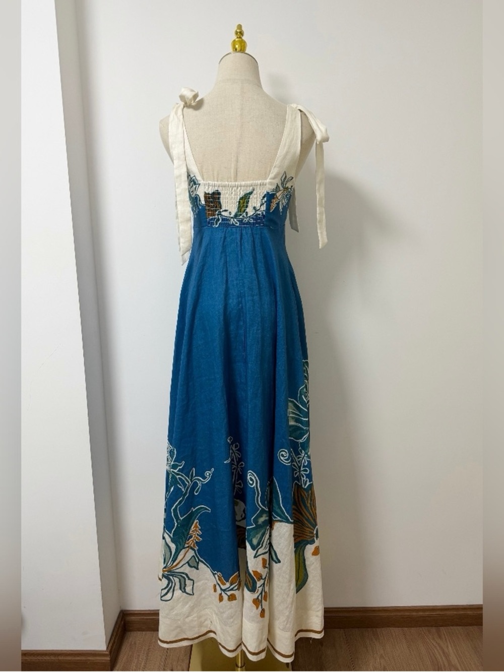Alemais Blue and Cream Floral Tie-Shoulder Maxi Dress